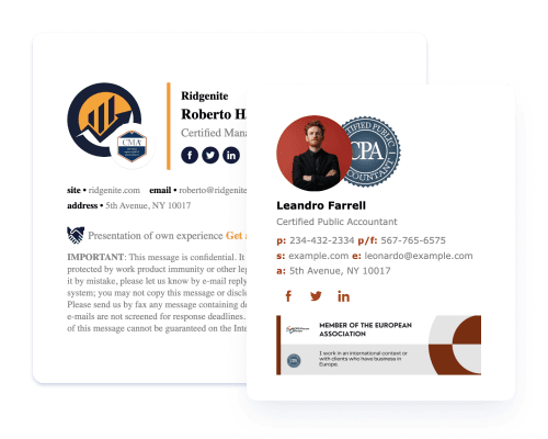 Boost your credibility and trust in every email with social media icons and CPA/CMA certifications