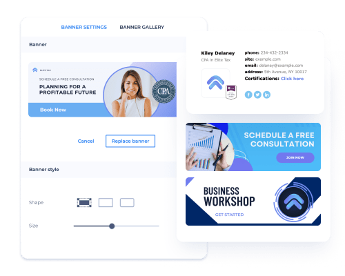 Email signature for accountants showcasing promotional banners and social media icons