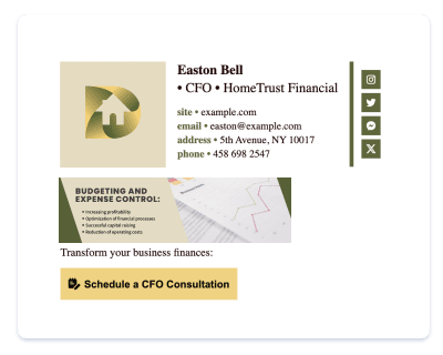 CFO email signature displaying a call-to-action button