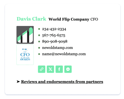 CFO email signature showcasing links to testimonials and endorsements