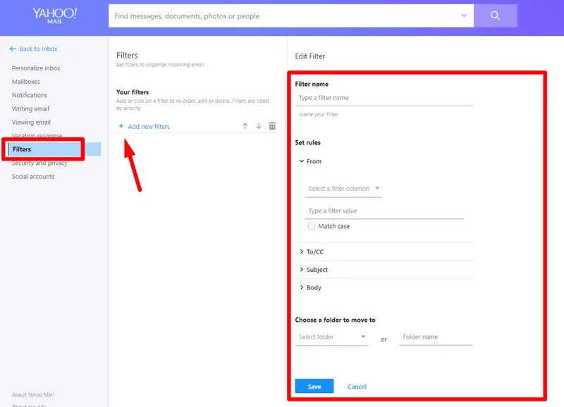 create yahoo filters for inbox
