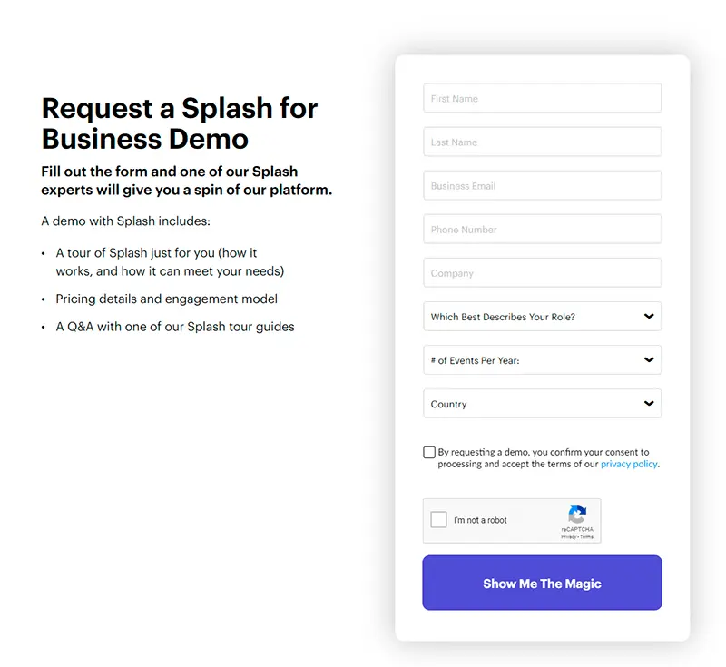 Splash demo request page example