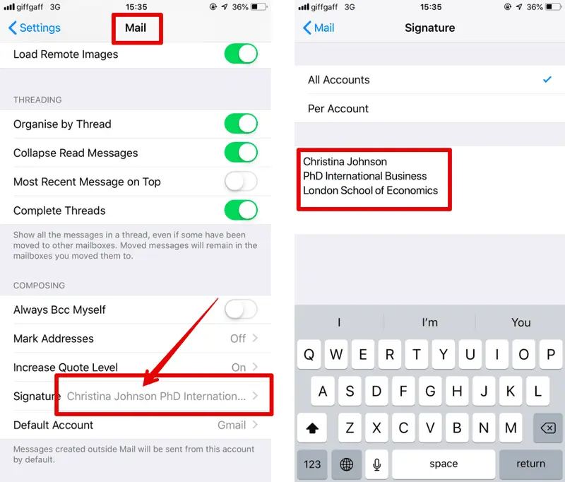 how do i create an email signature on my iphone