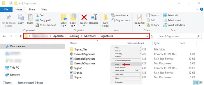 how to paste/import signature to Outlook