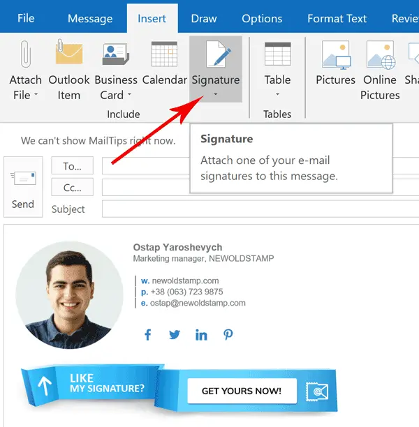 outlook email signature how to add link