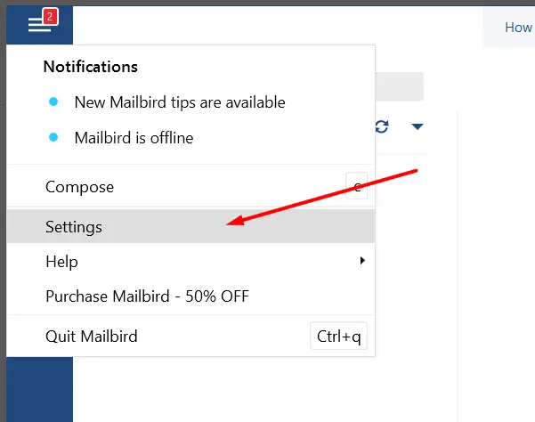 Open Settings in Mailbird app