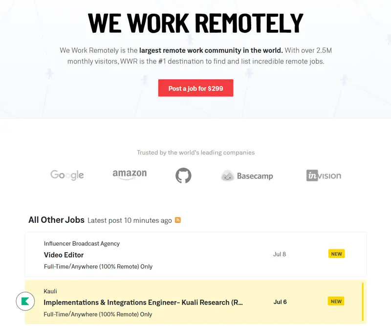 We Work Remotely home page