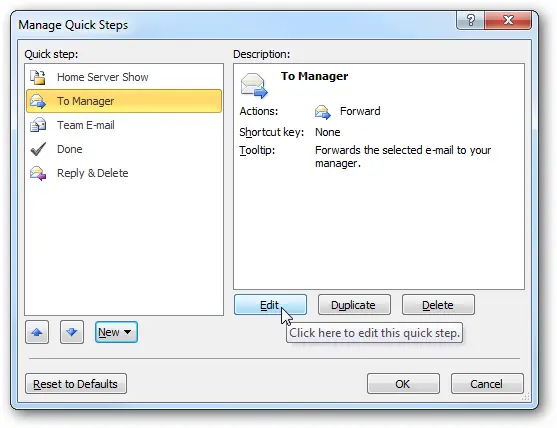 Edit quick steps in Outlook