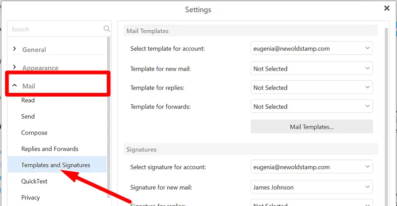 eM Client. Templates and Signatures section in the Mail tab