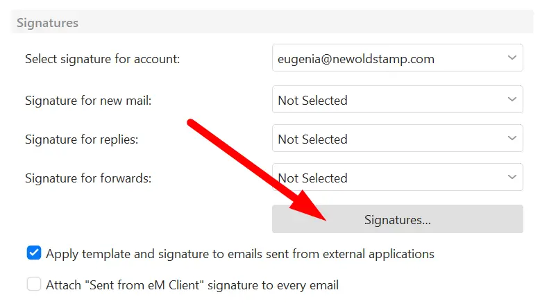 Signatures button in eM Client
