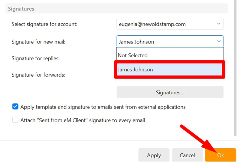 Selecting email signature appearance options