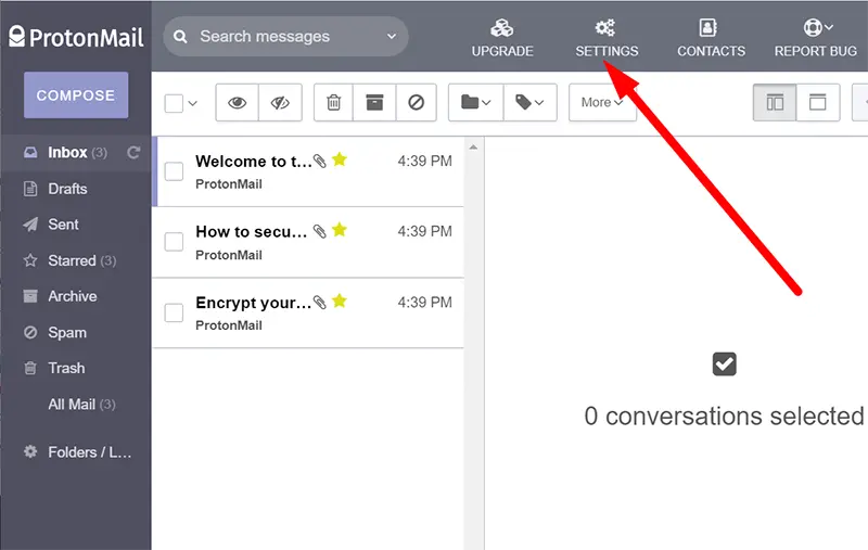 Selecting the Settings section in ProtonMail
