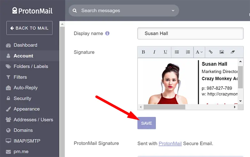 Inserting and saving email signature in Proton