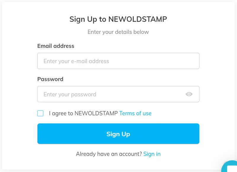 Newoldstamp email signature generator sign-up page