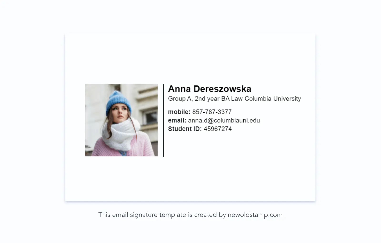 Example 1. Simple undergraduate college student email signature