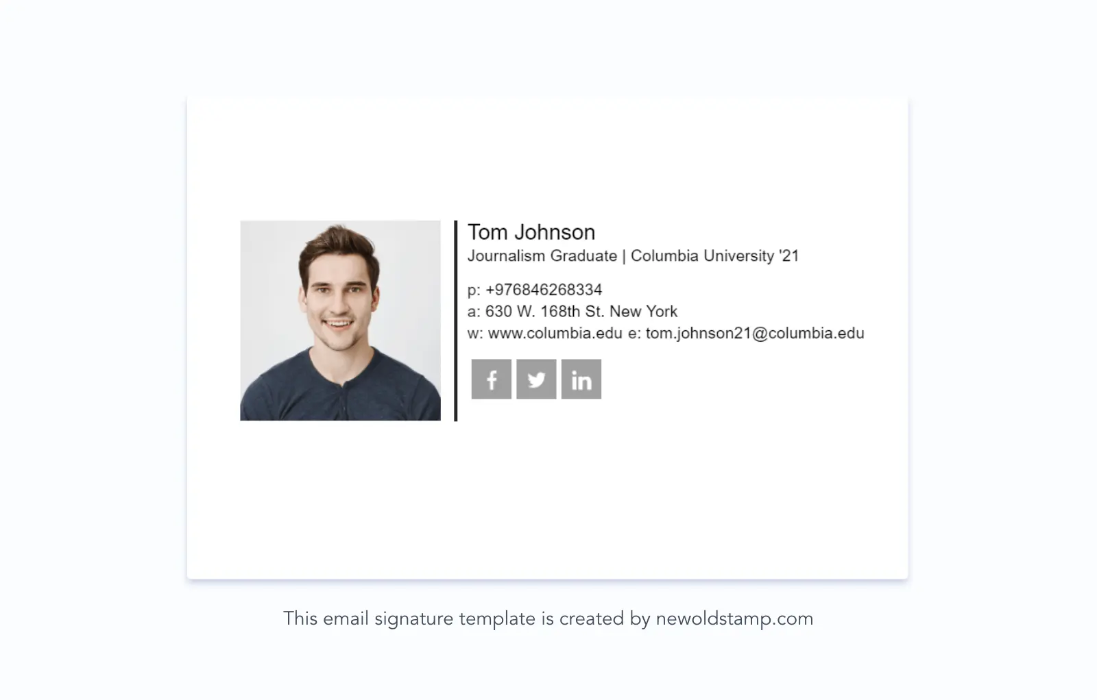 Example 2. College student email signature with social icons