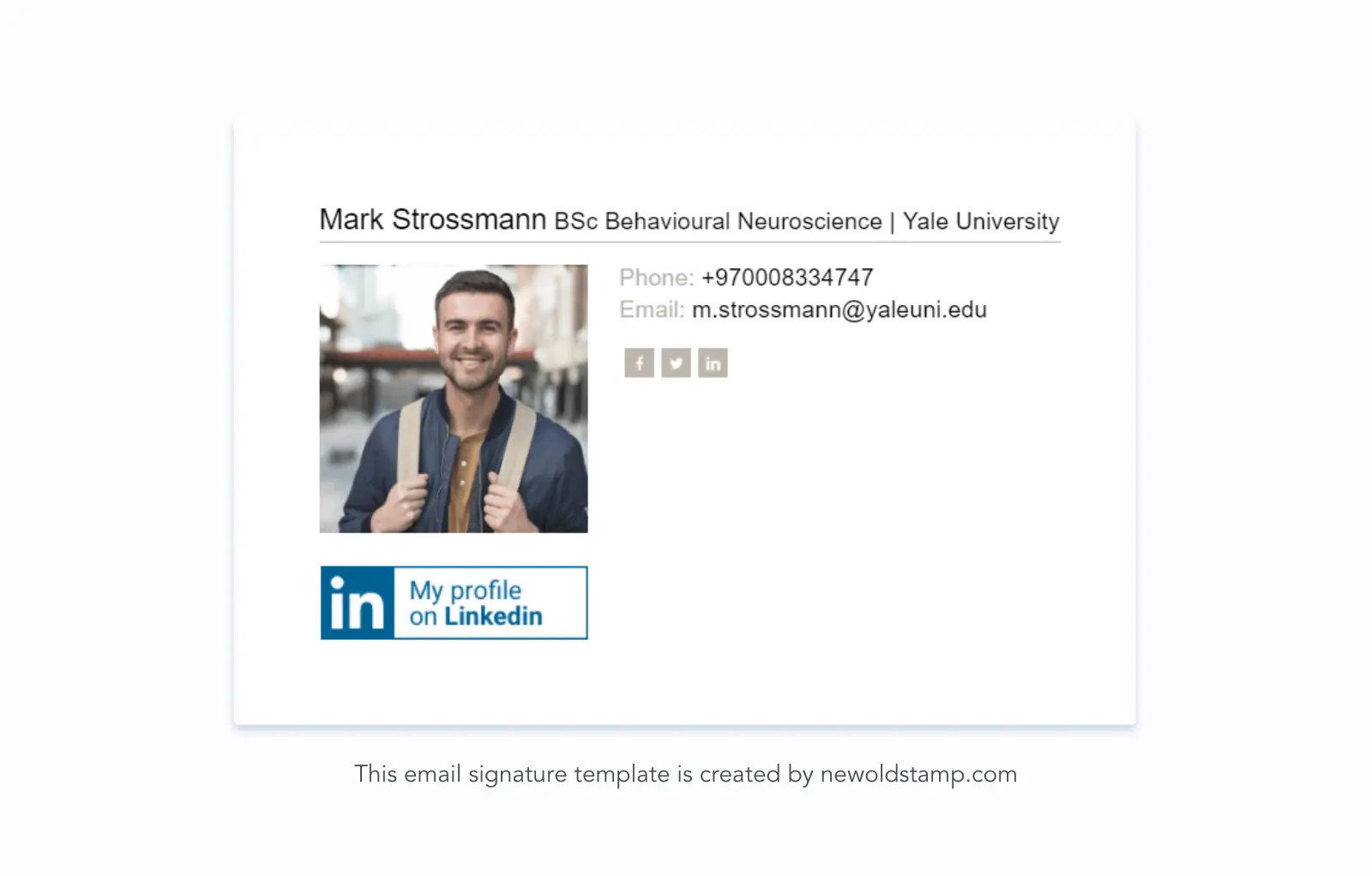 Example 10. Graduate student email signature with an invitation to connect on LinkedIn