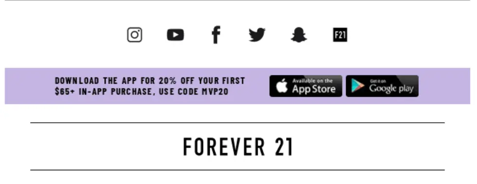 The footer of Forever21 email with social media icons