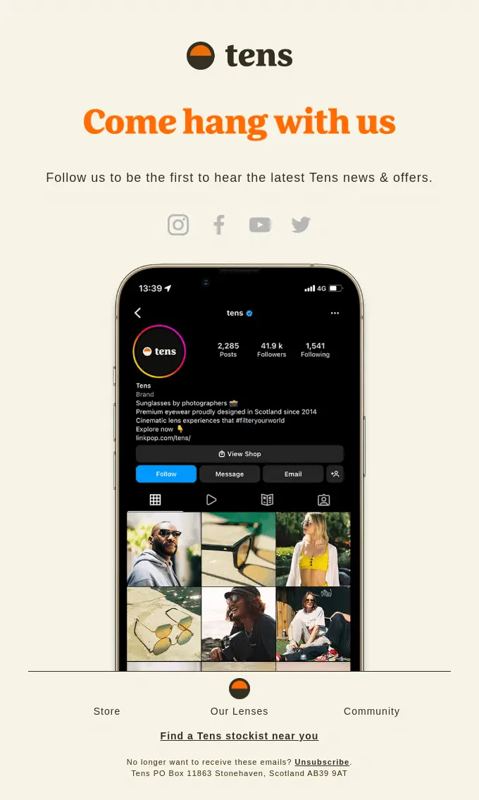 An invitation email from Tens to turn email subscribers into Instagram followers