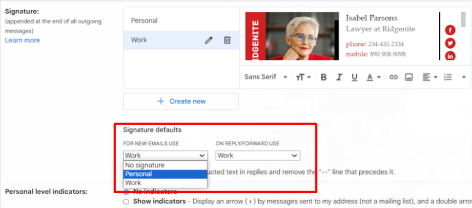 Set default signature Gmail
