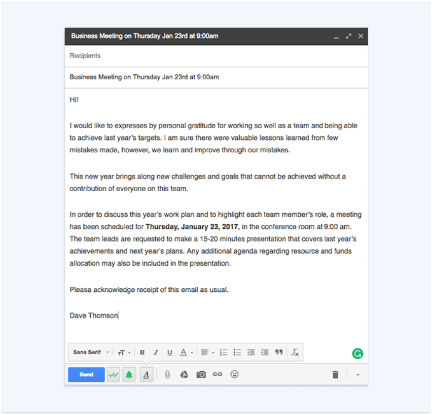 An example invite meeting email of a non-routine staff meeting. 