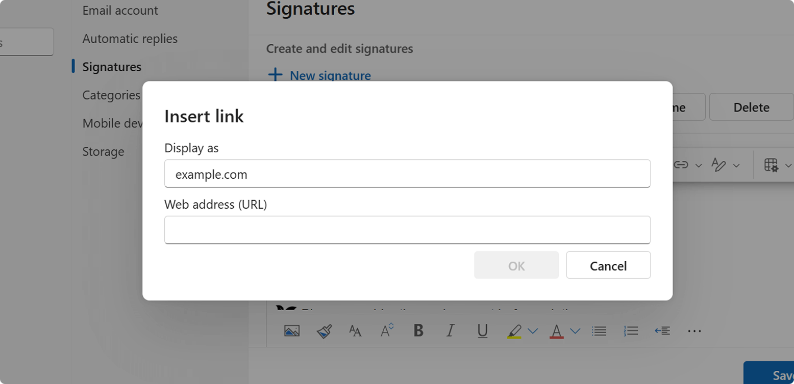 Click the Hyperlink button, enter the URL
