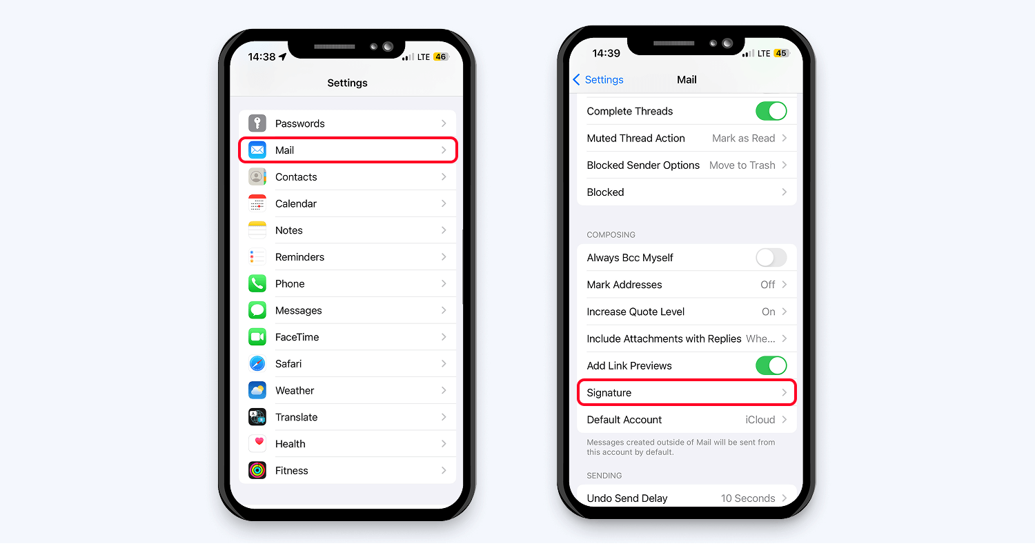 Go to iPhone Signature Settings