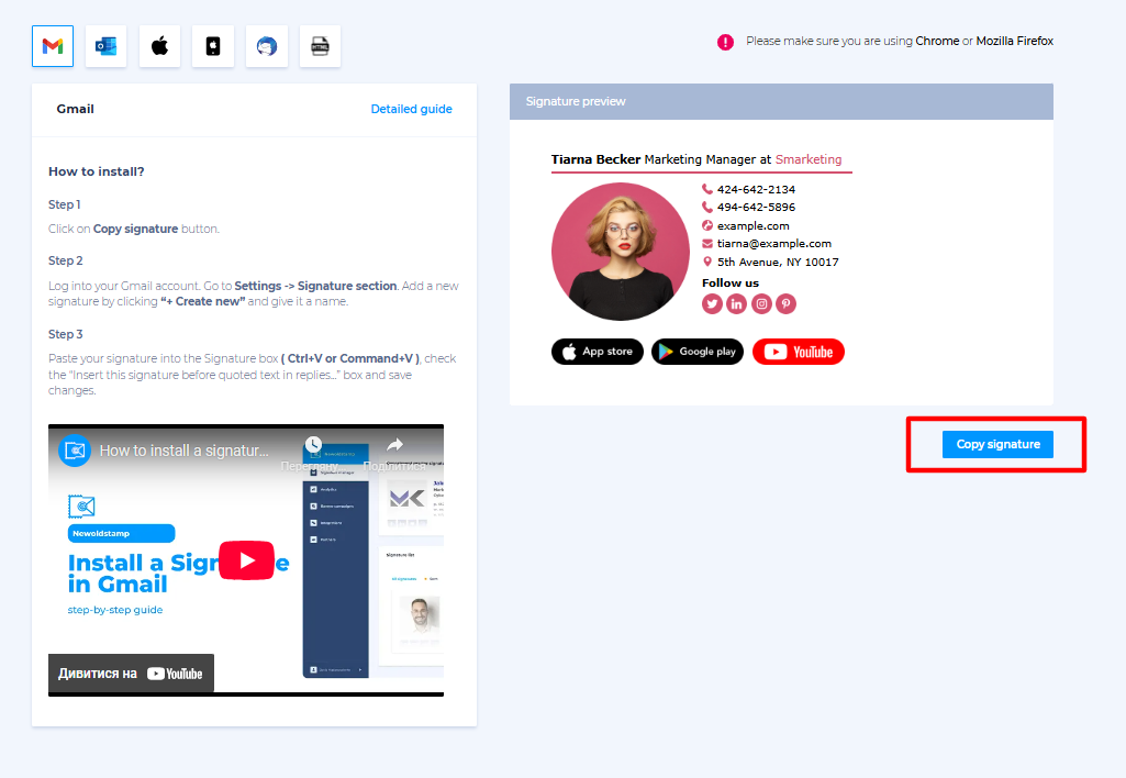 Install HTML email signature newoldstamp