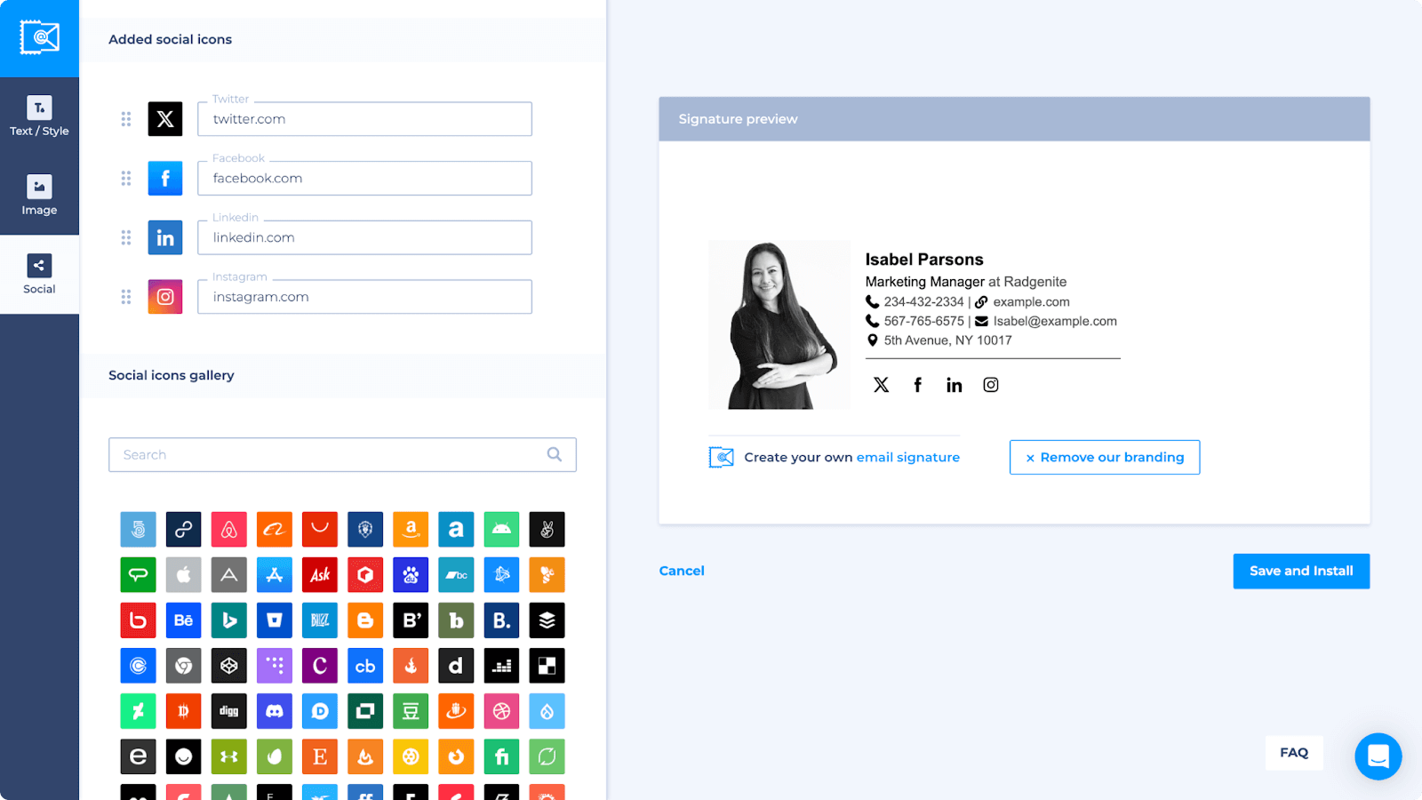 A screenshot of the Newoldstamp email generator tool’s social icons tab