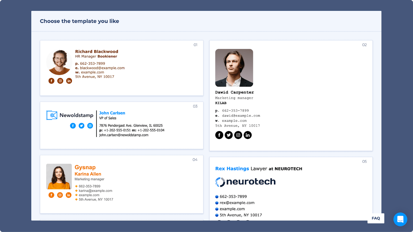 A screenshot of the email signature templates gallery in NewOldStamp