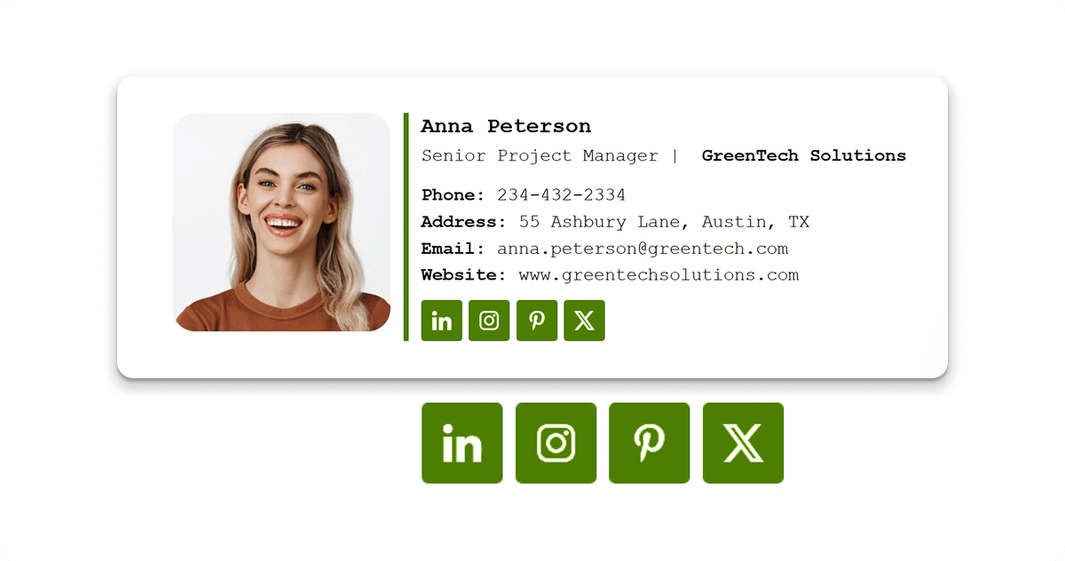 An example of an email signature that features an X logo inline with contact info