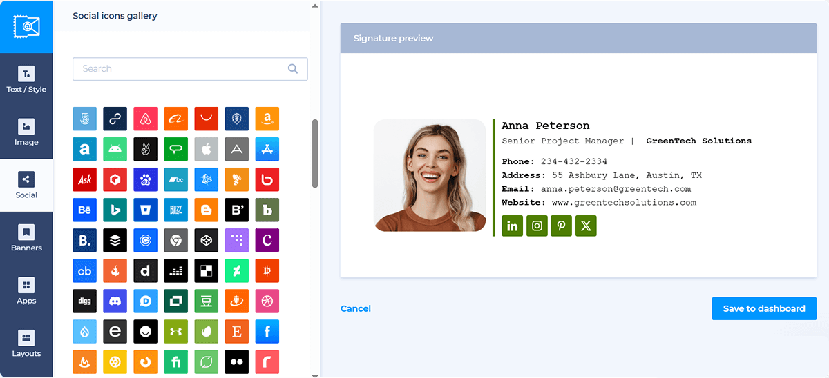 A screenshot of the Newoldstamp email signature generator interface with the new X social media icon available for adding to the design