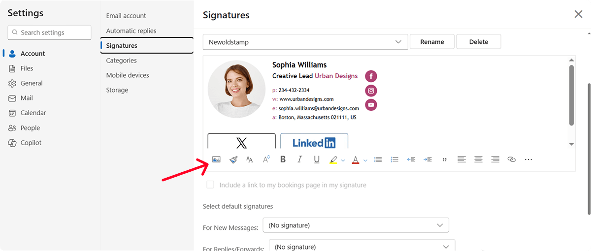 A screenshot of the Outlook email signature editor interface with an X icon