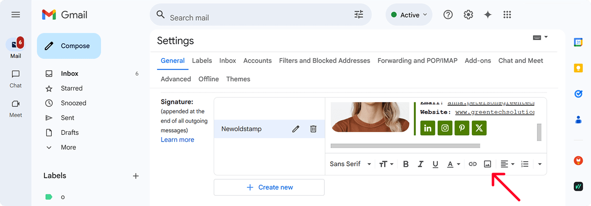 A screenshot of the Settings tab in Gmail