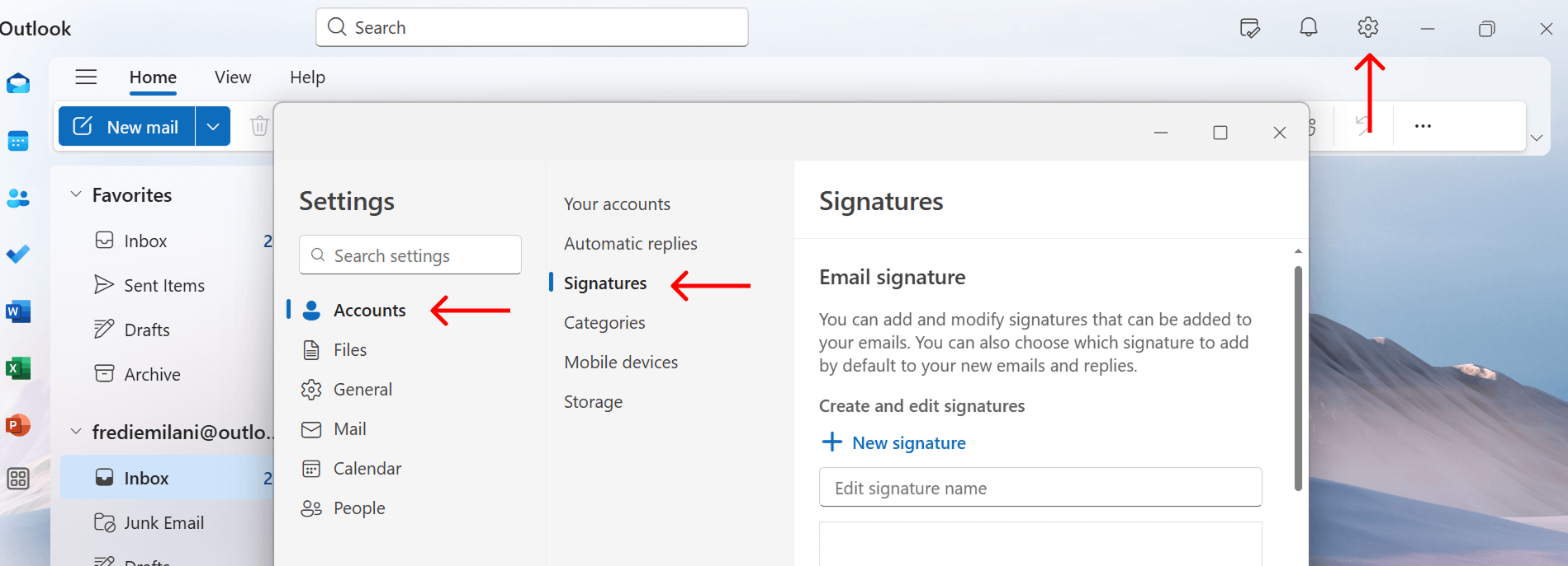 Outlook and Go to Signatures