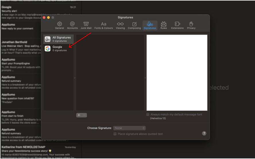 choose account apple mail signature