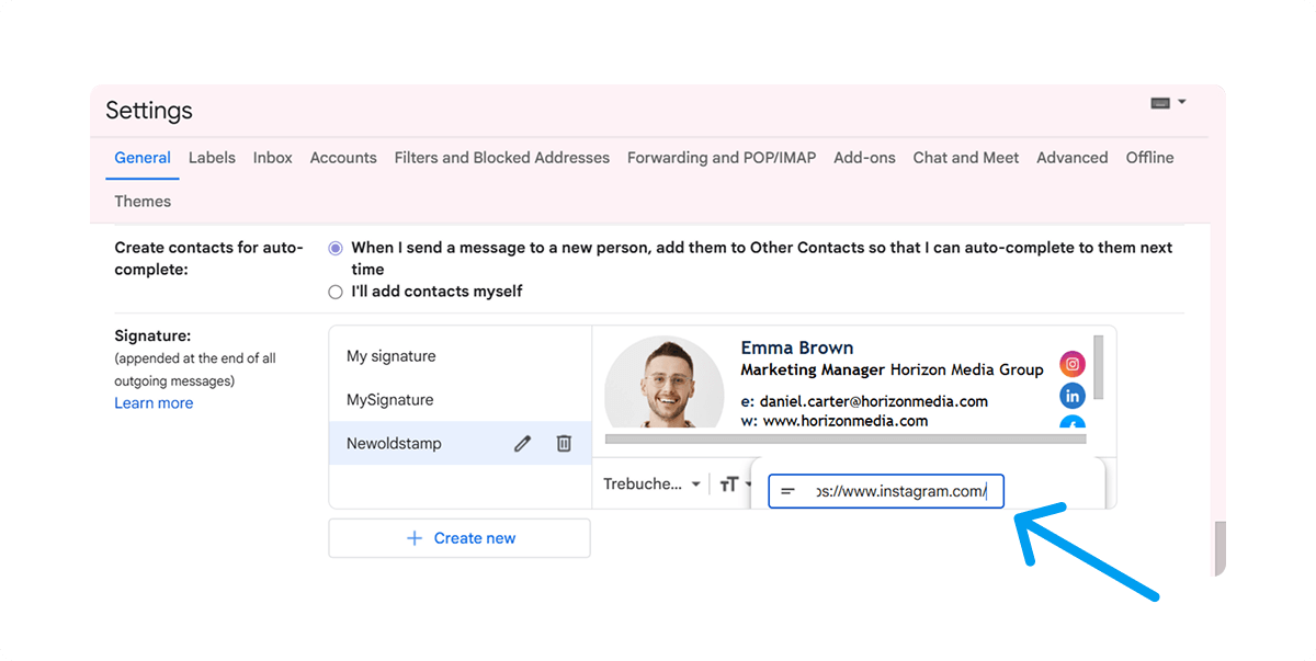 Insert a Hyperlink to Your Email Signature Instagram Icon