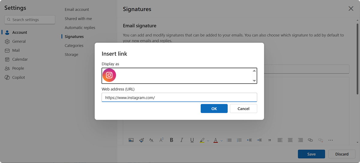 Insert a Hyperlink for Instagram Icon in Email Signature