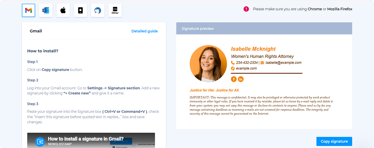 Install your Email Signature in Newoldstamp