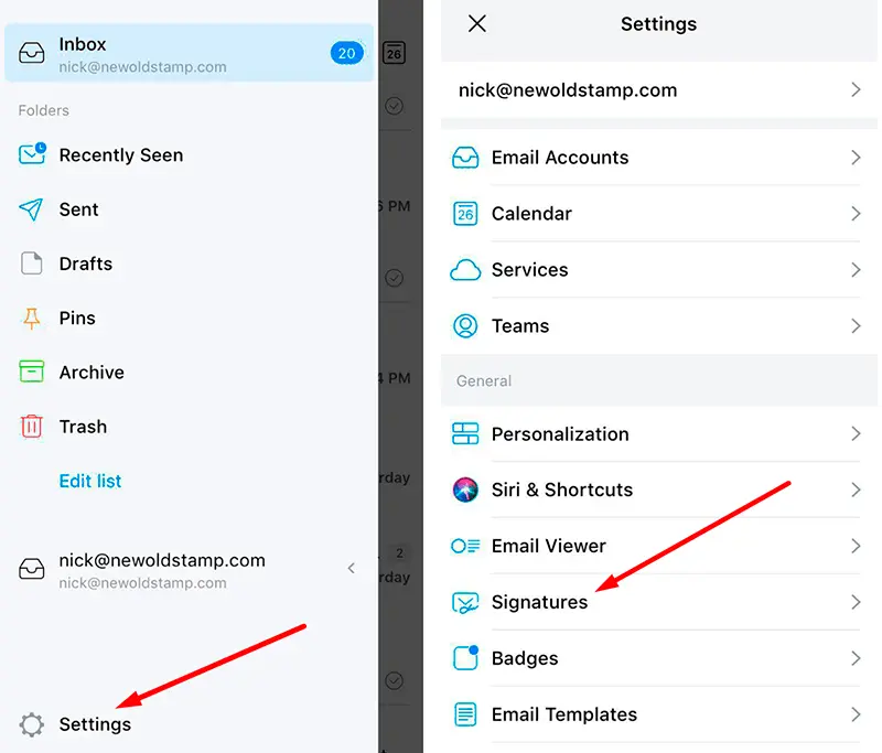 Open signature settings in your Spark email app