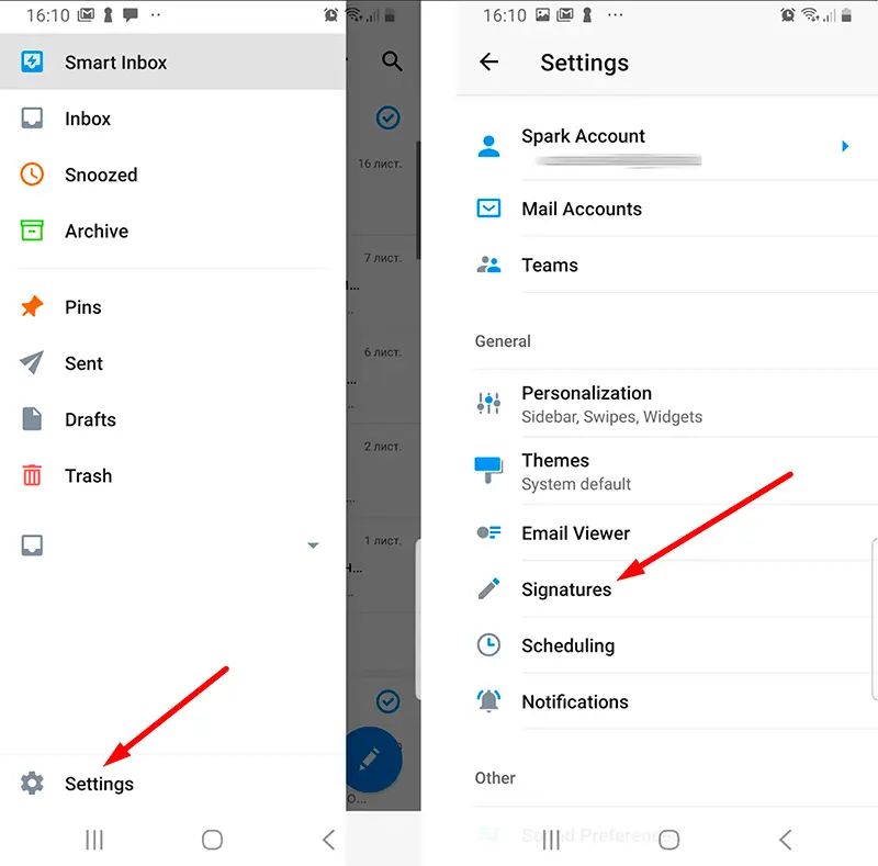 Open signature settings in your Spark email app for Android