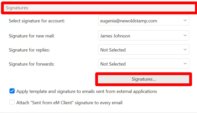 Signatures button in eM Client Settings window