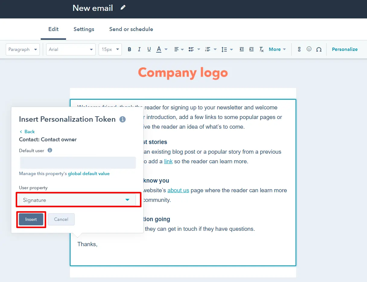 User property in HubSpot email