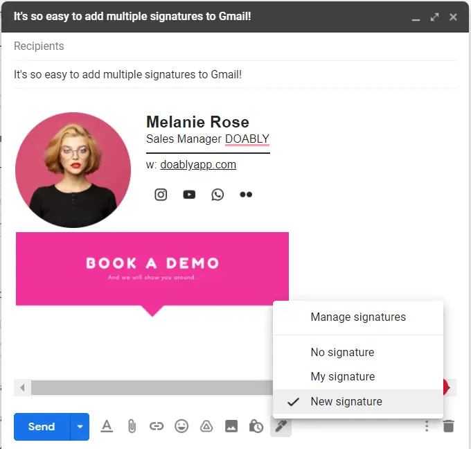 Selecting one of the multiple Gmail signatures
