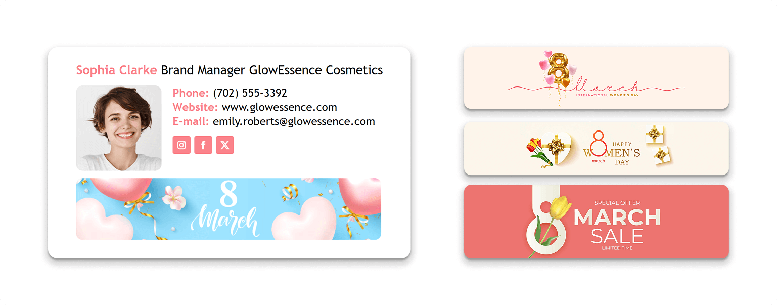 An 8th of March holiday email signature banner design to promote a special offer